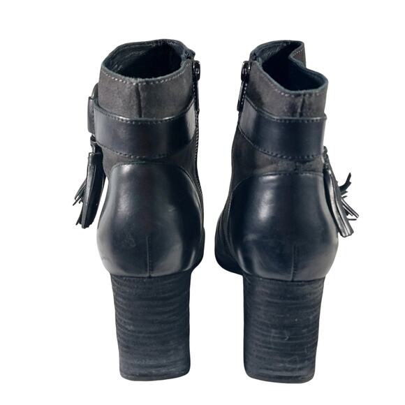 BORN! BLACK GENUINE LEATHER & GRAY SUEDE ANKLE HARNESS CHUNKY HEEL BOOTS! SZ 9M - Picture 8 of 11
